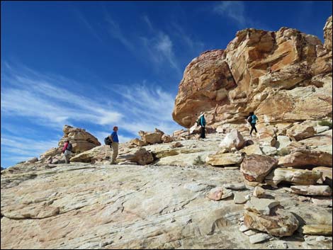 Hikers looking at the Falling Man panel (view SW)