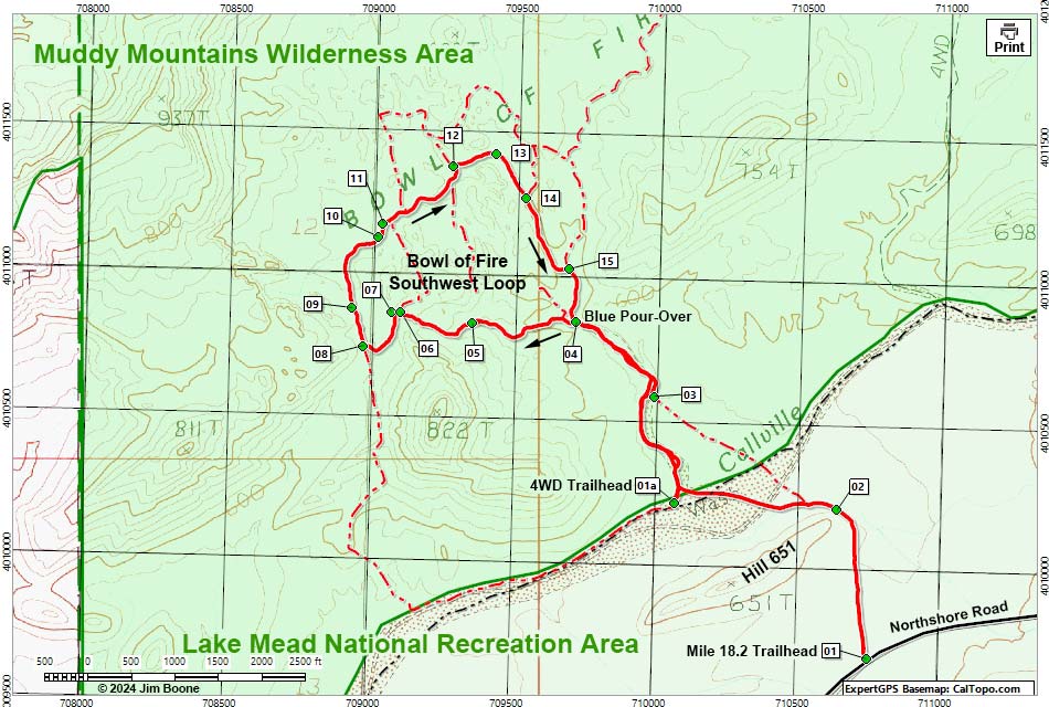 Bowl of Fire, Southwestern Section Hiking Map